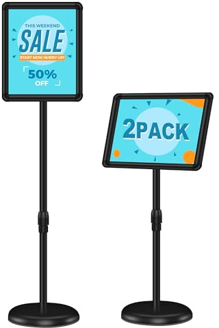 VRAZY 2 Pack Sign Holder Stand 8.5x11 inch for Display, Height Adjustable Floor Standing Signage Stand with 360° Rotated Snap Open Frame for Malls, Schools, Advertising, Outdoor Poster Stand