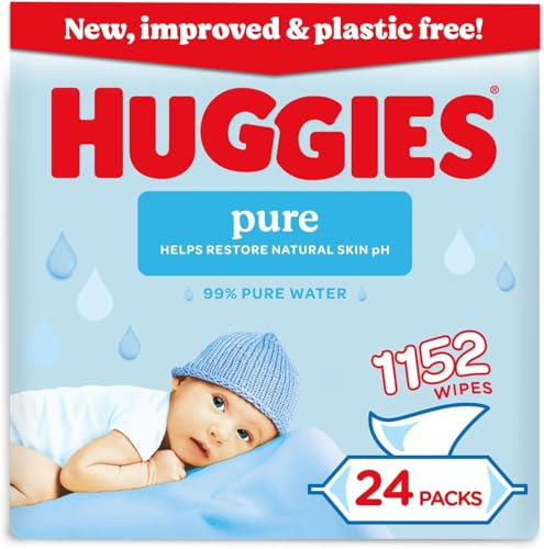 Huggies Pure Plastic Free Baby Wipes - Pack of 24 (1152 Wipes) – 99% Water Wet Wipes, Fragrance Free, Hypoallergenic, Better Cleaning, Soft and Gentle on Babies' Delicate Skin