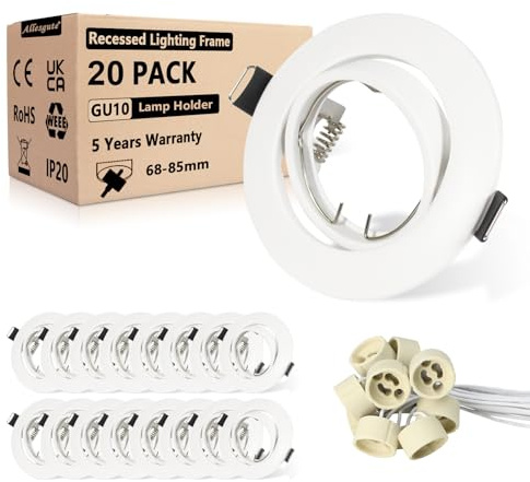 Allesgute 20er Einbaustrahler Einbaurahmen GU10, Matt Weiß, 360°Schwenkbar Rahmen, Rund Einbauleuchten Einbauspots 68mm, LED Spots 230V Inkl. GU10 Fassung für LED oder Halogen Leuchtmittel