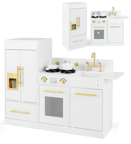 COSTWAY Cuisine Enfant avec Réfrigérateur & Cuisinière Séparés, Cuisine en Bois Enfant avec Machine à Glaçons, Lave-Vaisselle, Évier, Horloge, Armoire, Accessoires pour Garçons Filles 3+ Ans