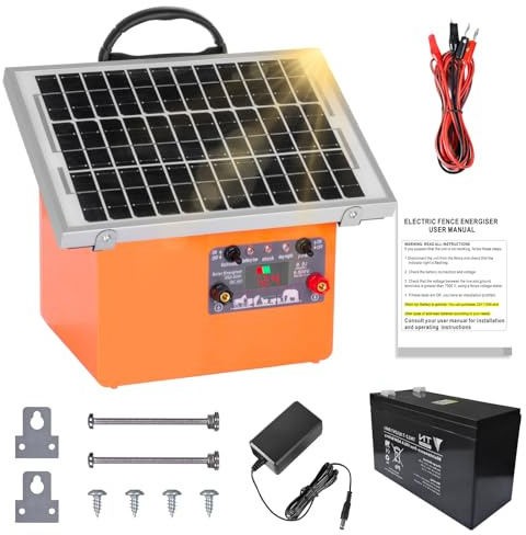 32KM Solar Pastor Electrico con Batería,9.5KV pastor electrico Cerca eléctrica Controlador para caballos, 0.5J Cerca eléctrica Pastor para Cría de animales pastores, para Granja Pastar Jardín (Orange)