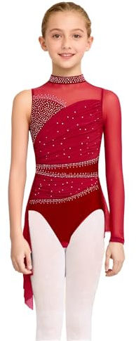 Freebily Abito da Pattinaggio Artistico Bambina Monospalla Vestito da Balletto per Ragazze Body Danza Classica Ginnastica Ritmica Ballet Leotard con Strass Borgogna 13-14 Anni