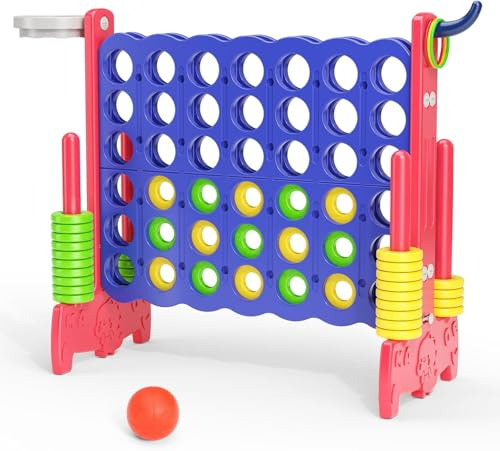 CUPCHID Giant Connect 4 Outdoor Game, 3-in-1 Giant 4 in a Row Garden Game with Basketball Hoop, 42 Jumbo Ring, Ring Toss, Garden Connect 4 for Indoor Outdoor Family Party (Red & Blue)