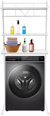 KAPIPALA Estantería de 3 niveles para lavadora, altura ajustable (35-64 pulgadas), estantería de acero para baño y lavandería, capacidad de carga de 30 kg, moderna estantería sobre lavadora para carga