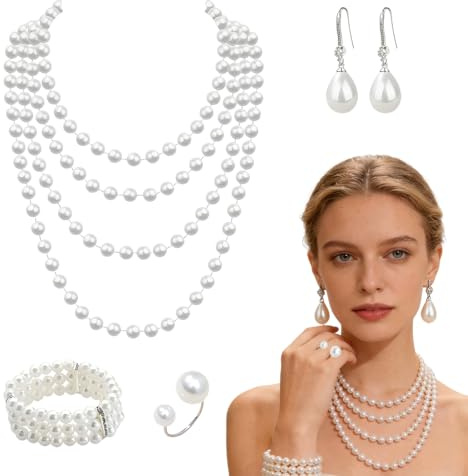 KRFWGUU 4 Pezzi Orecchini Di Perle Bracciale Di Perle Elasticizzato A 3 File Collana Di Perle Anello Anni '20 Accessori Anni '20 Accessori Da Donna Per Feste Balli Matrimoni Festival