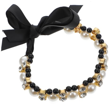 Kichvoe Decorative Black Satin Pet Collar with Pearl Bow Tie for Dogs and Cats, Medium Size Pet Photography Necklace and Puppy Scarf Accessory