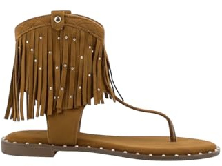 MODELISA - Sandalia Plana con Flecos Estilo casual con Tachuelas Cierre de Cremallera para Mujer (Camel, Sistema tallas calzado EU, Adulto, Mujer, Números, mediano, 40)