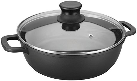 LACOR 25823 - Cacerola Baja con Tapa de Cristal Forte, Negro, 24 cm | En cristal templado, para guisos y cocciones uniformes; ideal para cocina profesional y uso diario en casa, para el día a día
