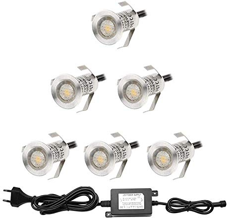 6er Set LED Bodenstrahler Mini Treppen Einbaustrahler Ø18mm 0.4W IP67 Wasserdicht 7LM Bodeneinbaustrahler Aussen und Innen Lampe mit 12V Netzteil für Garten Terrasse Treppen Beleuchtung Warmes Weiß