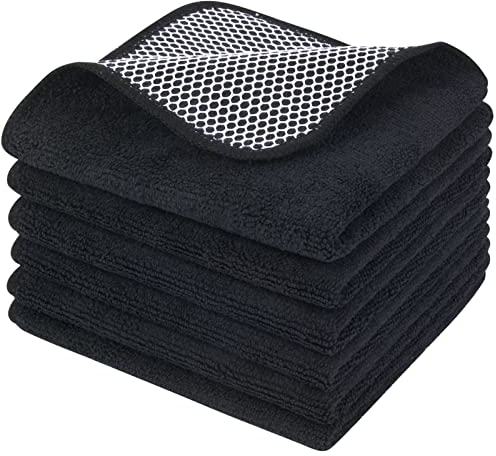 KinHwa 6 Pack Microfibre Dish Cloths Absorbent and Fast Dry Reusable Cleaning Cloth with Scrub Side for Kitchen Cleaning and Washing up 30x30 cm Black