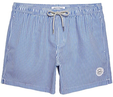 maamgic Mens Swim Trunks 5 Inch with Mesh Lining, Quick Dry Mens Bathing Suit, Swim Shorts for Swimming and Beach, Medium Blue Stripe