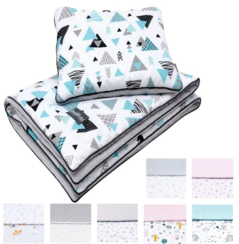 Bellochi Set de Couette Bebe 75x100 cm et Coussin Enfant 30x40cm - Couverture Enfant Réversible et Entièrement Lavable - 100% Coton - Tresor