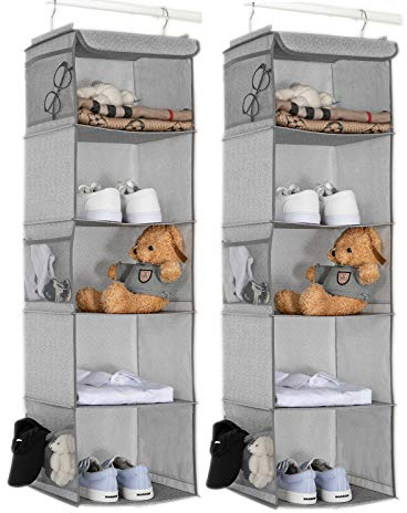 BrilliantJo Hängeregal, 2er Set Hängeaufbewahrung mit 5 Fächern, Camping Schrankorganizer innen mit Metallrahmen, Organizer Aufbewahrungssystem für Kleiderschränke, 30 x 30 x 108 cm Hellgrau