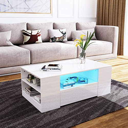BESTWANTED Couchtisch, Rechteckig, Weiß, Hochglanz, Modern, Wohnzimmer, 95 cm x 37 cm x 55 cm, mit 2 Schubladen und 6 offenen Regalen, LED Lichter, 0,5 m, 75 kg Tragfähigkeit
