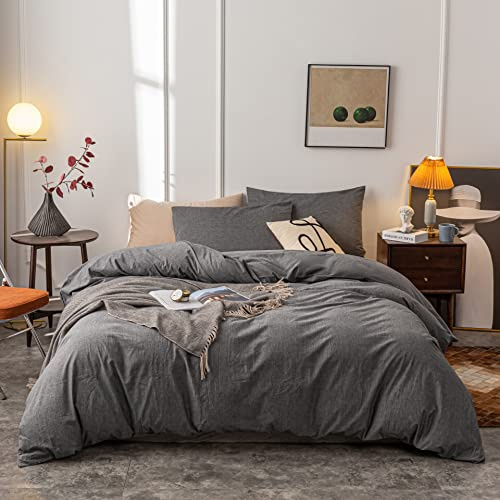 Janlive Washed Cotton Duvet Cover Twin Ultra Soft 100% Cotton Solid Color Gray Duvet Cover Set with Zipper Closure - 2 Pieces Grey Twin