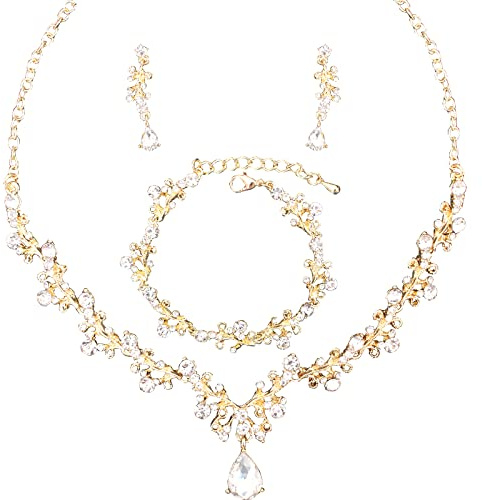 Enrwin 3Pcs Austrian Crystal Jewelry Set for Women, Necklace Dangle Earrings Link Bracelet with Gold/Platinum/Gun Plated, Wedding Party Bridal Bridesmaid (White-Gold Plated)