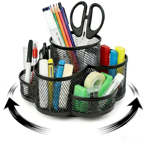 KLEHOPE Schreibtisch Organizer Schwarz, Rotierender Stiftehalter,Stifthalter Schreibtisch, mit Rutschfesten Pads und 7 Fächern, Mesh Metall Büro-Organizer, Geeignet für Schreibtisch Aufbewahrung