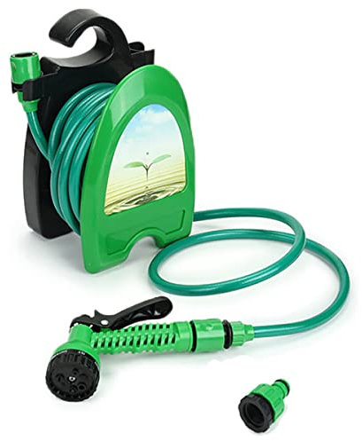 LINZI Garden Water Hose Reel 10M 33FT with 7 Adjustable Patterns Water Spray Gun Nozzle and Faucet Connectors for Gardening Irrigation, Car Washing, Household Cleaning