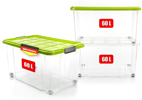 BigDean 3 Stück 60 L Aufbewahrungsbox mit Deckel groß limegrün stapelbar | stapelbare robuste Box - rollbare Stapelbox mit festen Klickverschlüssen - Made in Germany