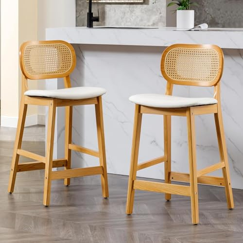 chairus Juego 2 de Taburetes Altos de Cocina de Madera Taburetes de Bar con Respaldo Ratán, Sillas Altas con Asiento de Cuero PU para Isla de Cocina, Blanco