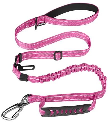 Chioratree Heavy Duty Taktische Hundeleine für mittelgroße große Hunde, 1.2m-1.8m stoßdämpfende Bungee-Hundeleine mit 2 Gepolsterten Griffen, Autosicherheitsgurt, reflektierende Leine Hunde, Pink