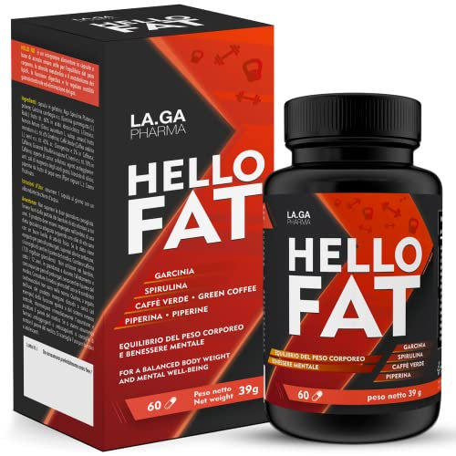 HelloFat© Brucia Grassi Integratore con Spirulina, L-Tirosina, Arancio Amaro, Piperina, Cromo. Dimagrante, Termogenico, Drenante per Uomo e Donna, Formula Completa, 60 Capsule Made in Italy, 2 Mesi