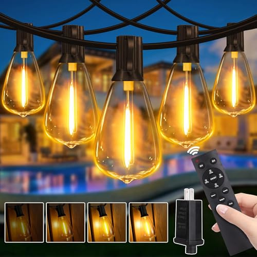 Guhope Outdoor String Lights Dimmable with Remote, 100 FT Outdoor Lights with 2 Timer and 3 Mode, Waterproof & Shatterproof Patio Lights, 2200K Energy Saving String Lights 3 Spare Bulbs for Patio Yard