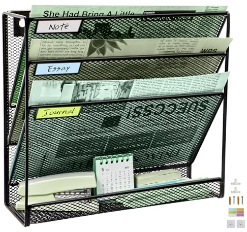 4-stöckiger Netz-Wand-Aktenhalter mit flacher Ablage unten, mittelgroßes Netz, vertikale Hängeregistratur-Organizer, Büro-Hängeregister, Zeitschriftenständer, Namensschild-Haken-Set inklusive, Schwarz