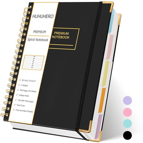 Huhuhero 5 Subject Notebook, 240 Pages Lined Spiral Journal College Ruled, 7.6 x 10.5” B5 Hardcover Journaling Notebooks for Work Note Taking, College School Supplies, Black