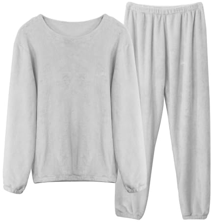 LACOFIA Ensembles de Pyjama Femme Hiver en Polaire Vêtements de Nuit à Manches Longues Adulte 2 Pièce Loungewear Chaud Gris L