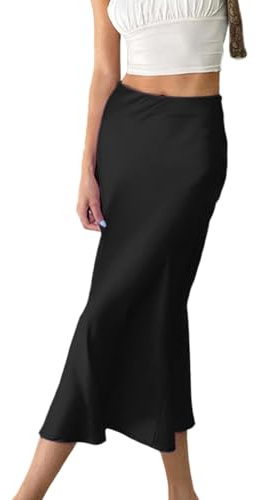 EMOTTOS Gonna Raso Lunga da Donna, Vita Alta Gonne Satin Midi, Alta qualità Casual Cerniera A Line Avvolgente Sull'anca Leggera Midi Donna Gonna, L, Nero