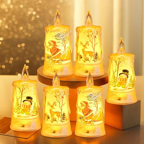 TETSMG Weihnachtsdeko LED Kerzen, 6 Stück Flammenlose LED Weihnachtskerzen mit Rentier Weihnachtsmann und Schneemann Muster, Batteriebetrieben, LED Kerzen Weihnachten für Tischdeko Weihnachtsdeko