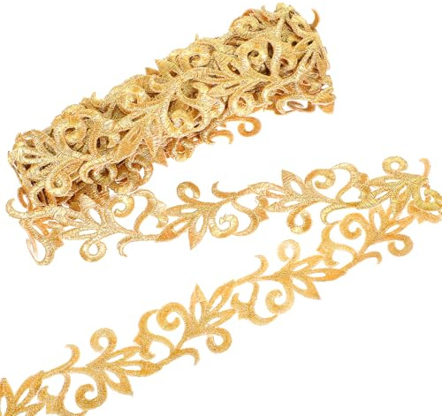 Nastro in pizzo dorato da 4 m per applicazioni di cucito, abbellimenti, ricami, nastri in poliestere, bordo metallico, toppe in pizzo floreale, larghe, adesive, per costumi, abiti, cappelli,