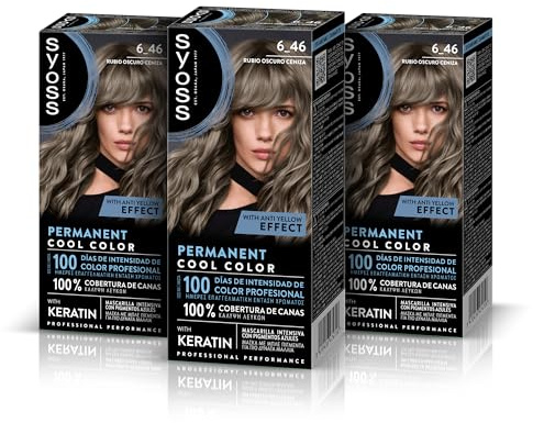 SYOSS Permanent cool färg 6–46 mörkblond aska, nyans hårfärg och intensiv keratinmask för professionell täckning av grått hår, långvarig färg, 3-pack