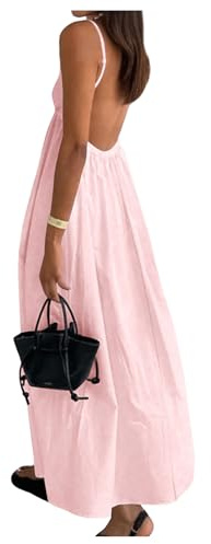 SOLY HUX Women's Summer Dress Backless V Neck Spaghetti Strap Loose Flowy Midi Cami Dresses Solid Light Pink Medium