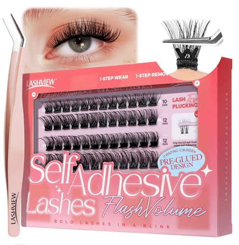 LASHVIEW Self Adhesive Lash Clusters,Press-on Lashes with Lash Tweezers,No Glue Needed Natural Look Self Adhesive Eyelash Extension Kit 72pcs 10-16mm(Z02)