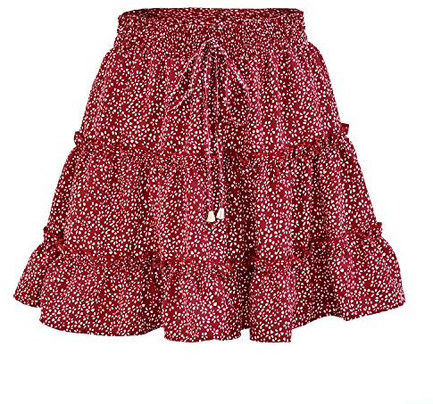 Gonna corta estiva da donna, stile boho, minigonna con fiori estivi, graziosa minigonna con volant e motivo floreale, a vita alta, oscillante, da spiaggia, L