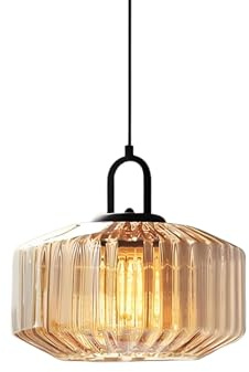 ZTTECH 28CM Vintage Industrie Hängelampe Glas Pendelleuchte Mit Geriffeltem Kuppelschirm Höhenverstellbar E27 Für Esszimmer Schlafzimmer Wohnzimmer Bar (Bernstein)