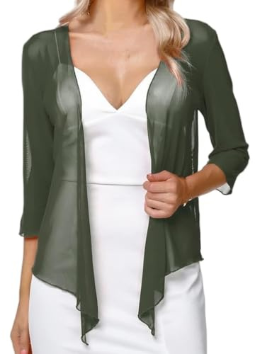 CGLHTATD Damen Strickjacke,Chiffon Bolero Cardigan für Damen, 3/4 Ärmel, Shrugs, Schal, Vorne Offen, Leicht, Kurz, Überwurf, Oberteil, Abend/Hochzeitsanlass, Jacke, Dunkelgrün, L