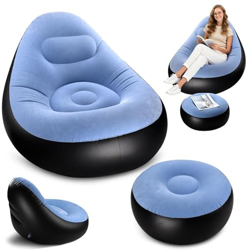 Fiacvrs Inflatable Lounge Chair for Adults, Portable Folding Inflatable Blow Up Couch with Foot Stool, Lazy Flocking Recliner Chair Air Sofa for Indoor Outdoor Travel Camping (No Pump)