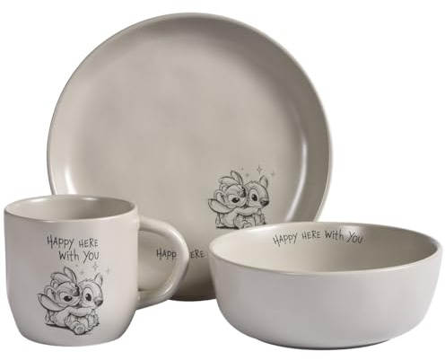 Fyrklövern Stitch & Angel Geschirr-Set, Disney, 3-tlg., Teller, Tasse, Schale, Steinzeug, Spülmaschinenfest, Seidenmatte Glasur, inkl. Geschenkbox, Grau