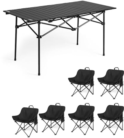 HBOOMOEM Leichter Picknicktisch Und StüHle，Faltbarer Campingtisch Und StüHle Set，Mit Einer Tragetasche, Picknick Im Freien, Camping, Reisen, Angeln, Camping-Essentials.(Black,121CM+6 Chairs)