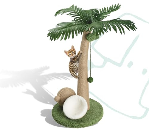 POMESEA Kratzbaum für Katzen 74 cm, Palmenform mit Hängespielbällen und doppelten Kokos-Spielzeugen, Kratzsäule für Wohnungskätzchen, extra Stabiler Standfuß, pfotenfreundliches Jutematerial