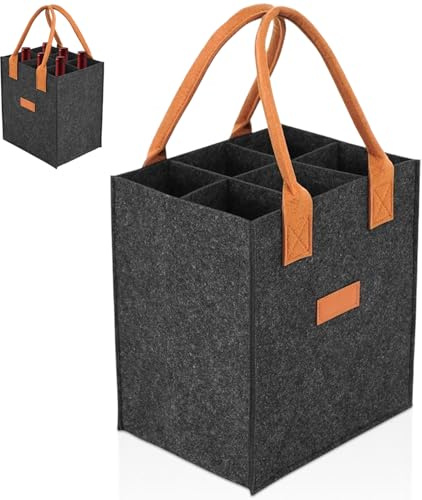 Portabottiglie Feltro 6 Bottiglie con 6 Scomparti, Borsa Spesa Pieghevole, Cestello Porta Bottiglie Elegante per Riporre Comodamente Acqua, Vino, Bevande, Birra, Shopping, Picnic (Grigio Scuro)​​