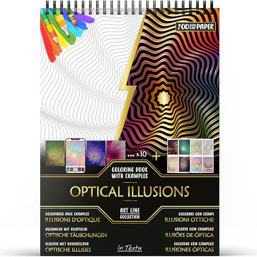 In Textu Malbuch für Erwachsene Optische Täuschungen, Papier 200 g/m² | Spiralbindung, A4, Premiumqualität, 30 Motive, 300 Farbmodelle, für Stifte und Acryl-/Alkohol-/Wassermarker