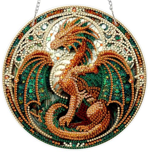 AIRDEA DIY Dragon Stained Glass Diamond Art Ornament Kit for Adults, Double-Sided Fantasy Dragon Diamond Painting Hanging Kit, DIY Acrylic Special Shaped Drills Hanging Suncatcher