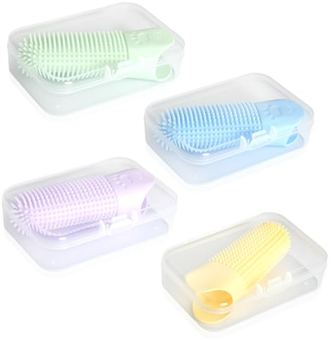 4 Piezas de Cepillos de Dientes de Silicona con Cerdas de 360° para Perros y Gatos Pequeños, Kit de Limpieza Dental para Mascotas con Caja de Almacenamiento, Cuidado Dental Diario para la Higiene Buca