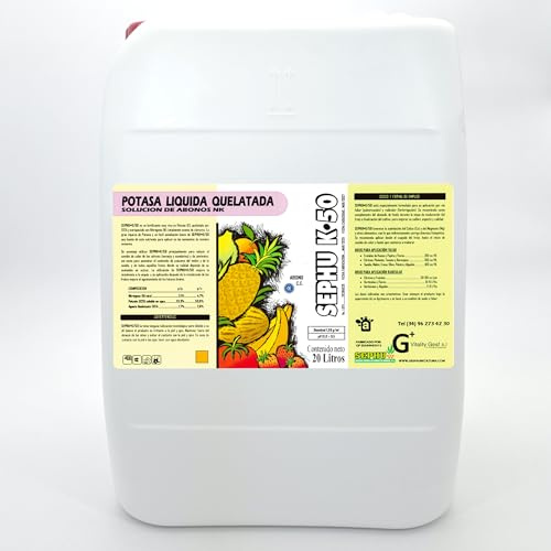 Potasa quelatada al 50% SEPHU-K/50, Es un Fertilizante de Potasio Quelatado Líquido con EDTA y Nitrógeno, Nutriente Agrícola para Olivos, Frutales y todo tipo de Cultivos. 20 Litros