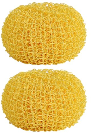 Ciieeo 2pcs Round Dish Scrubber Ball Fiber Cleaning Sponge Non-Scratch Spherical Scouring Pads Yellow Easily Removes Stubborn Stains Does Not Leave Marks for Cooking Bench and Pans