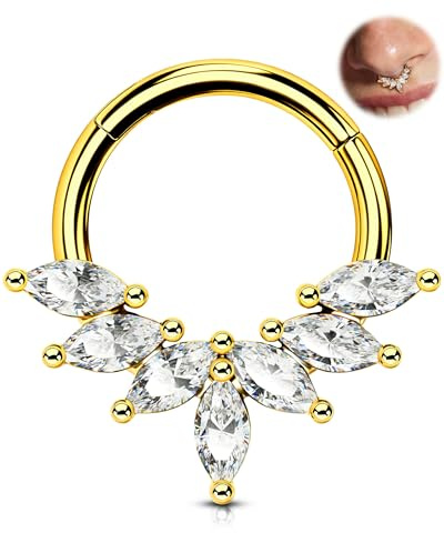 OUFER Piercing Daith Or 16G en Acier Chirurgical 316L, 8 mm Septum Clicker à CZ Marquise, Anneaux Septum Piercing Oreille Cartilage Hélix pour Femme Homme